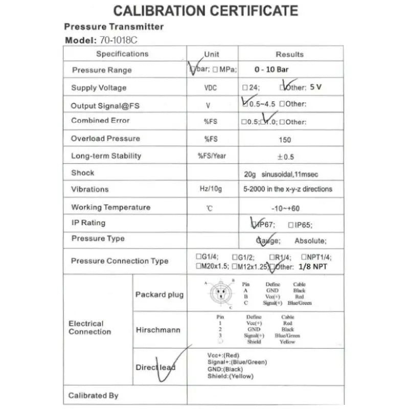 10 BAR (150 PSI) fuel/oil pressure sensor 1/8 NPT with 1m (3ft) cable - Pressure Sensor